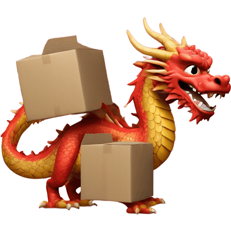 An emoji of a Chinese-style dragon carrying small cardboard boxes on its back, with a minimal red cloud background emoji