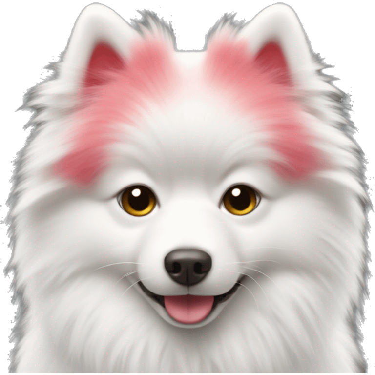 white and red fluffy spitz with a pink heart emoji