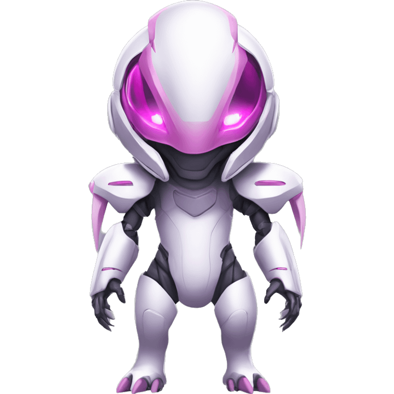 White Medabot-Lizard-Reptile-Raptor-Alien-Genesect-Mewtwo-Fakémon, with pink eyes, with a futuristic visor-helmet, wearing a techwear-suit, Full Body emoji