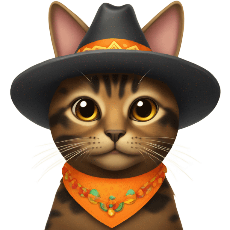 A tortoiseshell colored cat with an orange collar and sombrero emoji