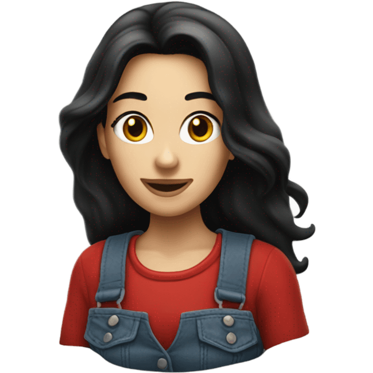 A white lady with long black hair, driving an older red pick up truck emoji