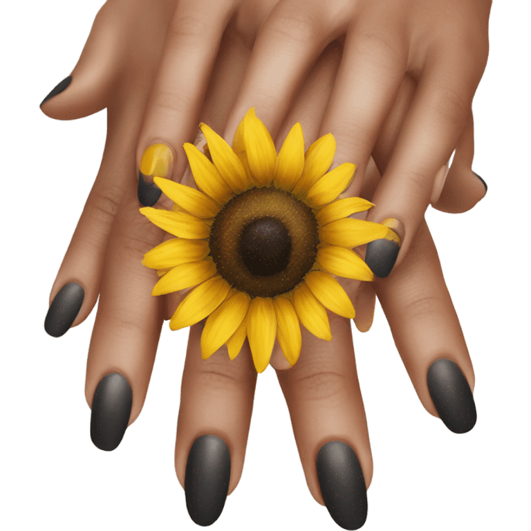 hand holding a sunflower with medium sized acylics on her nails  emoji