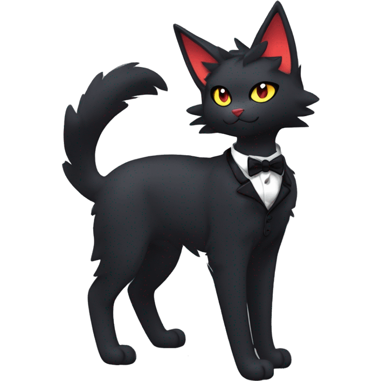 Shiny Dark Cool Edgy Black beautiful ethereal fantasy Kawaii Sona Litten-Fakemon-cat-animal with edgy bat-ears bow tie black emo-mane vtuber model Full Body emoji