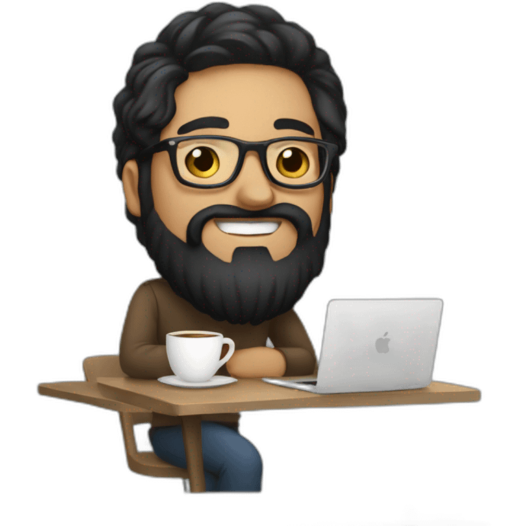 Designer with black hair, beard and glasses working with MacBook and drinking cappuccino  emoji