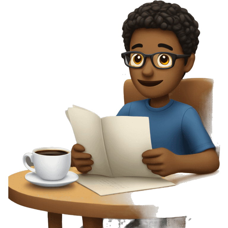 A boy reading at a coffee table with a cup of coffee next to him emoji