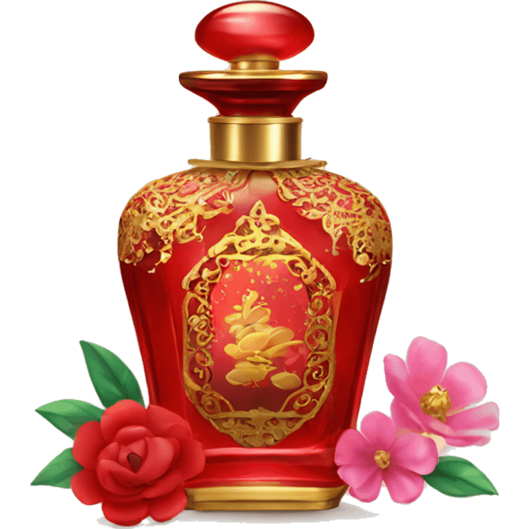 An antique perfume red bottle in oriental style, oil perfumes inside, sequins and flowers flying around emoji