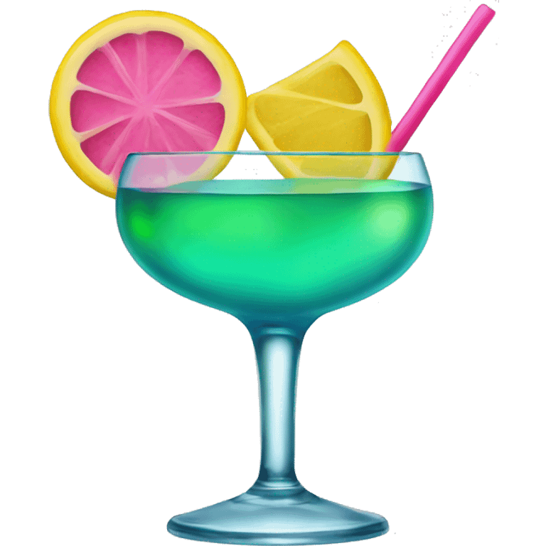 Bluish green cocktail with pink and yellow emoji