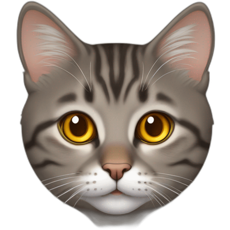 american short hair cat- tabby- a little bit fat- brown yellow eyes- the distances between eyes is a little bit far- dark orange hair- fluffy- looks cute - looks middle aged emoji