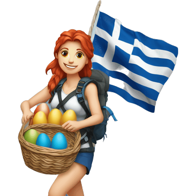 Greek flag background Female mountain climber red hair climbing with Greek flag on backpack and holding Easter eggs basket emoji