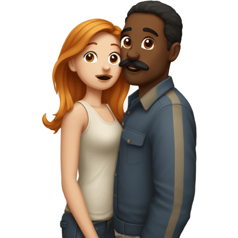 Red headed white girl kissing a brown man with mustache on the cheek  emoji