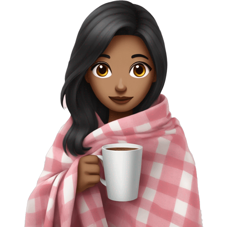 cute black hair girl wrapped in pastel pink plaid blanket drinking coffee emoji