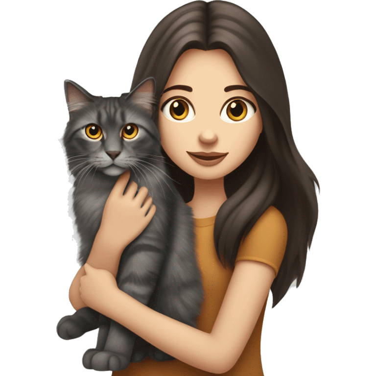 long straight haired blue eyed brunette woman holding norwegian forest cat with amber eyes emoji