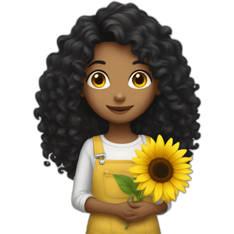 Long black Curly hair Girl holding sunflower emoji