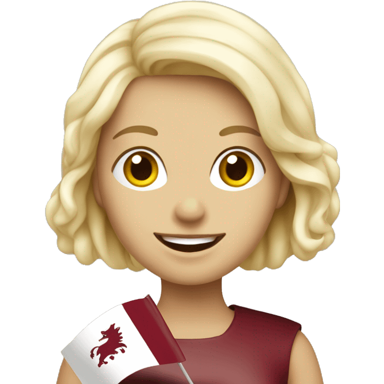 Happy blonde woman with a flag of Latvia in hands emoji