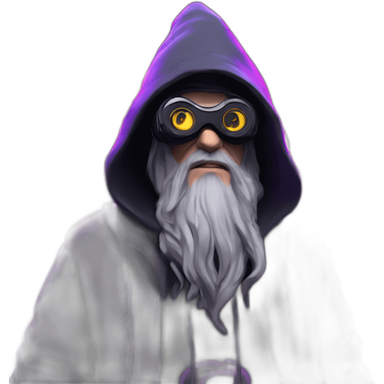 Gandalf wearing a black hoodie with "OMG" letters on it and VR headset in a cyberpunk VR environment with violet neon lighting. emoji