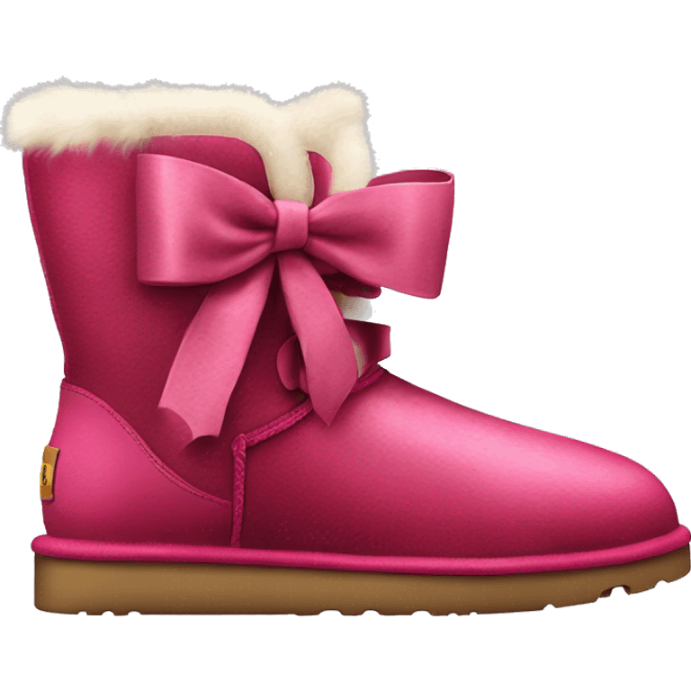 Realistic pair of raspberry color Ugg fur boots laced up with ribbon bows. emoji