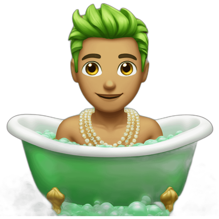 Posh-muscle-boy-green-eyes-rainbow-hair-pearl-necklace-in-golden-bathtub emoji