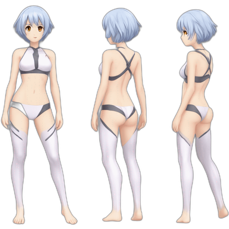 rei ayanami nue, full-body, short-hair, teen, back and front views, bikini emoji