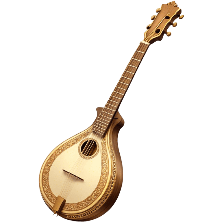 Bouzouki – Cinematic Realistic Bouzouki, depicted as a beautifully crafted Greek string instrument with a long neck and ornate fretwork, its polished wooden body reflecting warm golden light, set on a rustic background with soft shadows that evoke traditional Mediterranean music. emoji