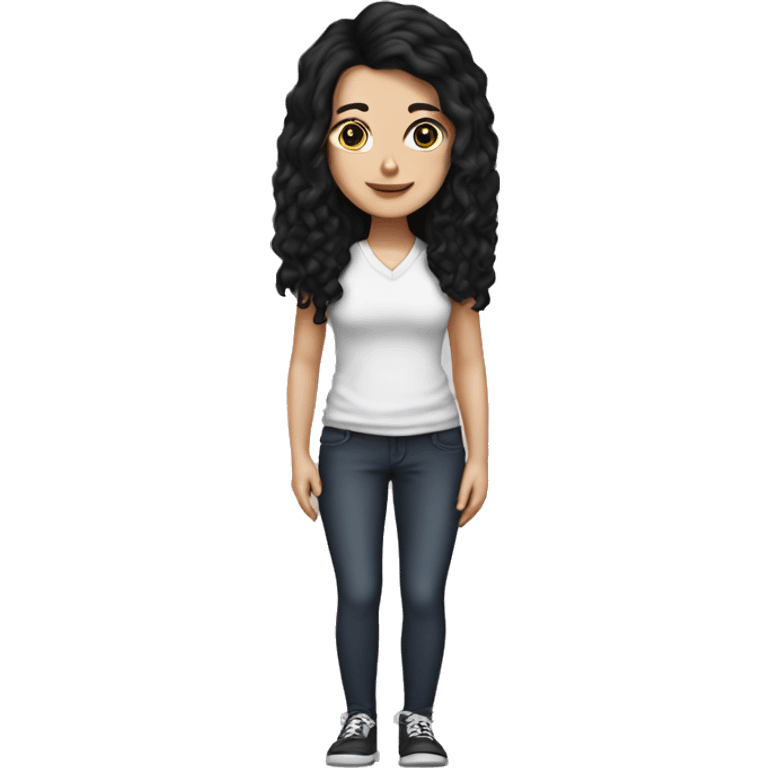 a white girl with black hair with 2 foot in front emoji