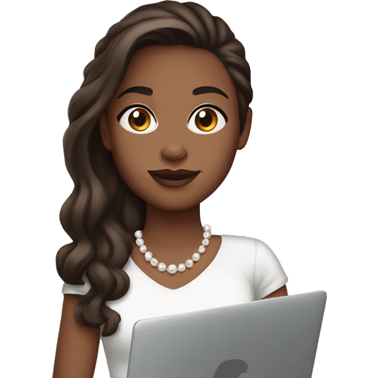 Girl with dark brown hair dark brown eyes and white skin wearing pearls and hold macbook emoji