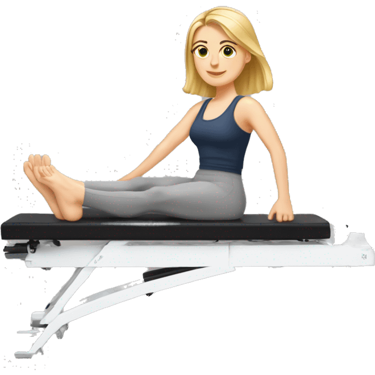 White girl on a Pilates reformer with her feet up emoji