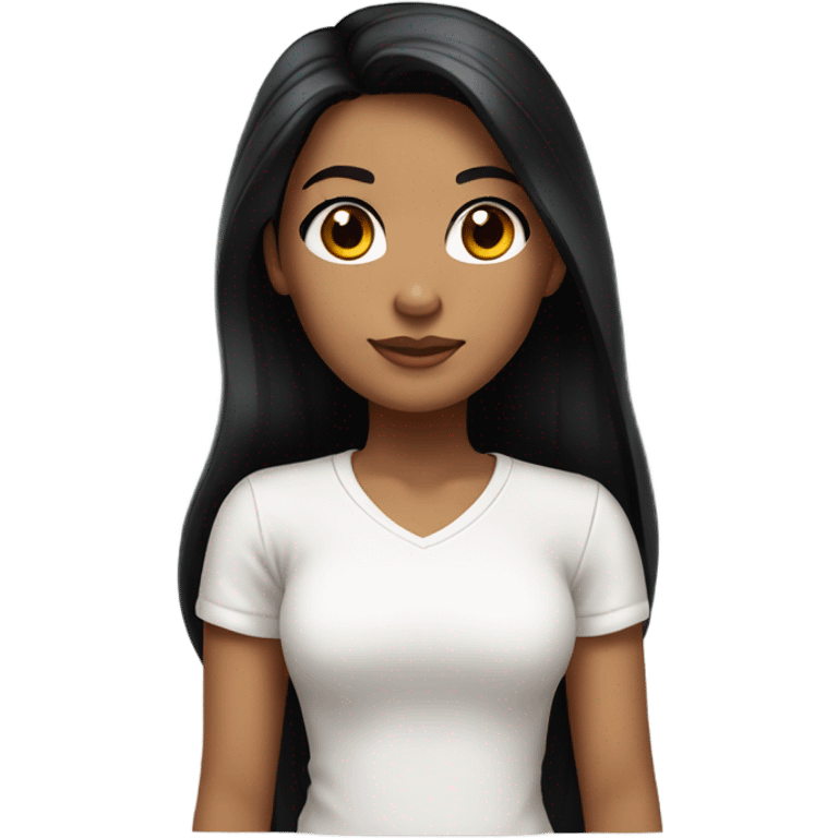 a tan girl with long silky jet black hair, brown eyes, long lashes, and a white tshirt. emoji