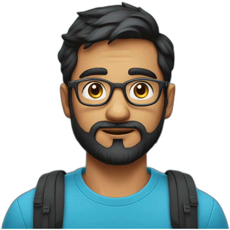 indian physics phd student with a short beard and round glasses in a blue t shirt with black hair and a laptop bag emoji