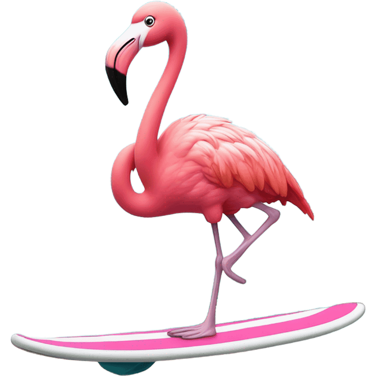 Flamingo surfing with palm trees emoji