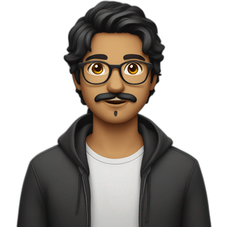 Indian teenager, with moustache and a goatee, with long wavy black hair, wearing glasses emoji