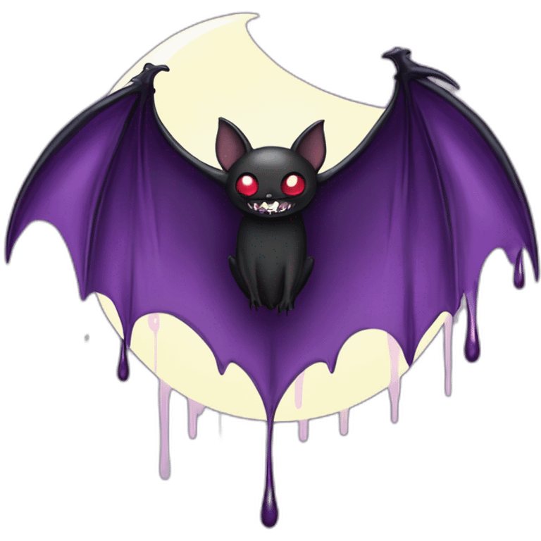 purple black vampire bat wings flying in front of large dripping crescent moon emoji