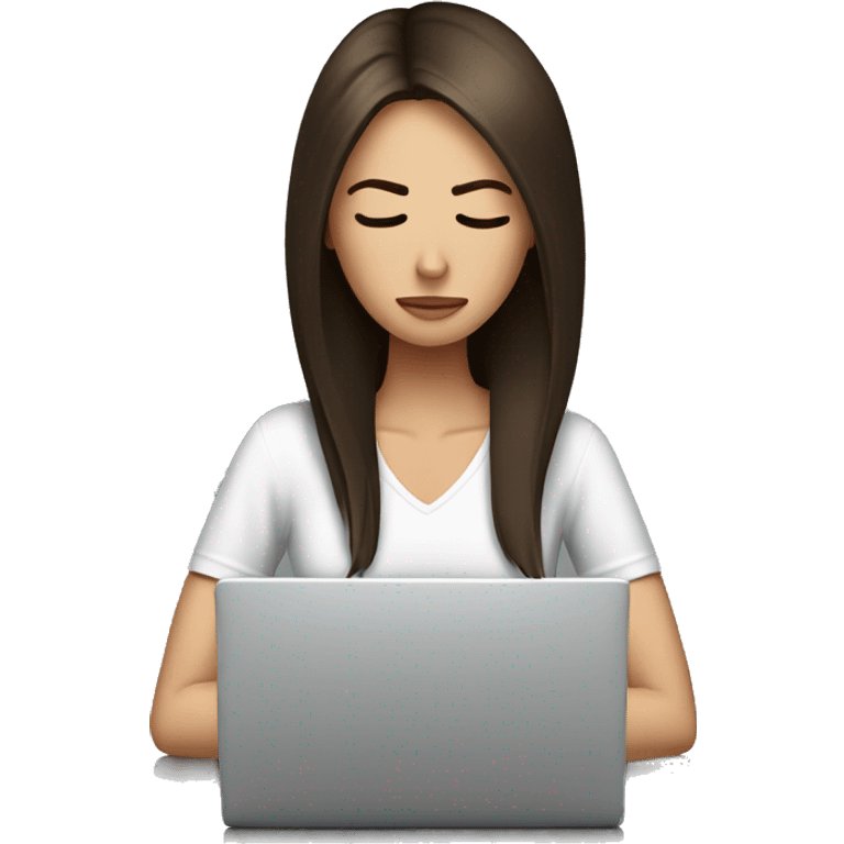 Tired straight hair brunette at a laptop with headache emoji