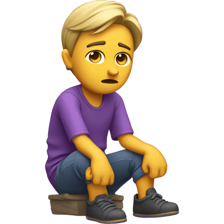 A sad 3D character sitting with slouched shoulders, looking down, and frowning. Teardrops on the face, hands resting in their lap, with a purple color theme enhancing the melancholic mood emoji