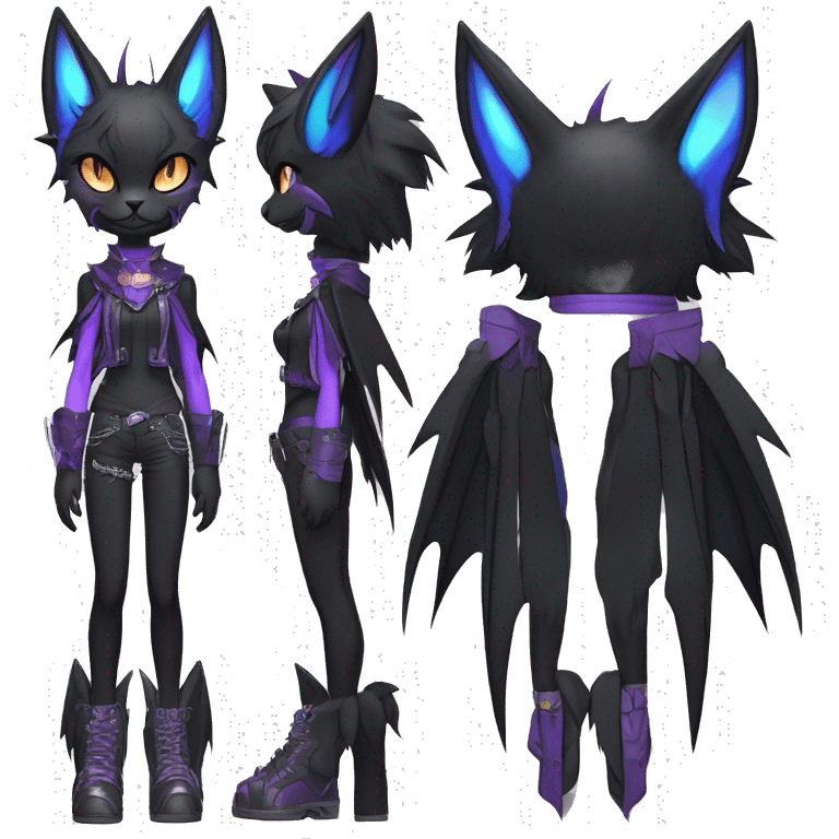 cool edgy beautiful pretty anthro godly colorful black shiny fantasy elegant nargacuga-bat-cat-Fakemon wearing a collar, techwear punk style, full body emoji