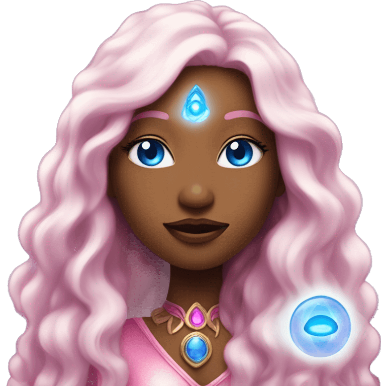 magical diva with pink andromedan skin long hair and blue eyes glowing third eye emoji