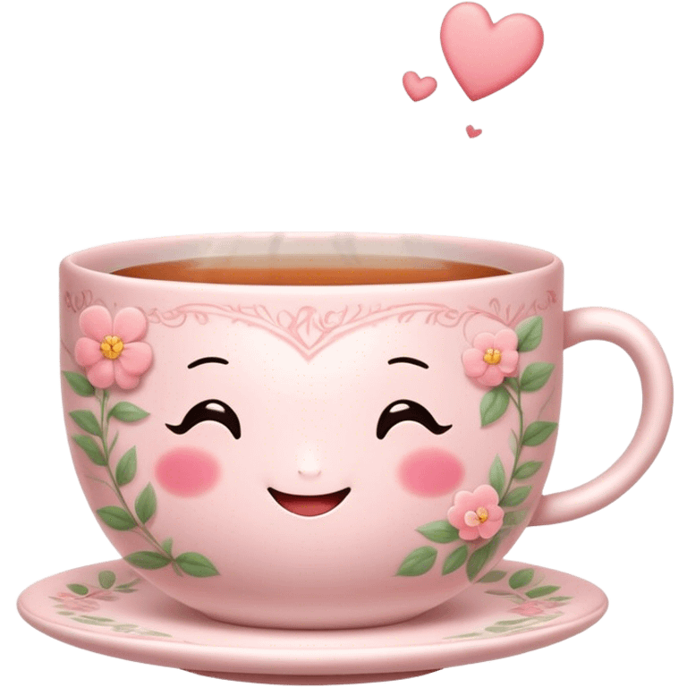 Cute Kawaii Tea Cup, steaming with warmth, a charming smiling face, soft pastel tones, delicate floral patterns, a tiny heart-shaped tea bag tag, cozy and inviting! emoji