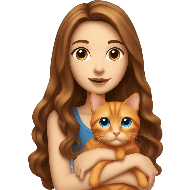 long haired brunette girl with blue eyes holding one chubby orange tabby cat emoji