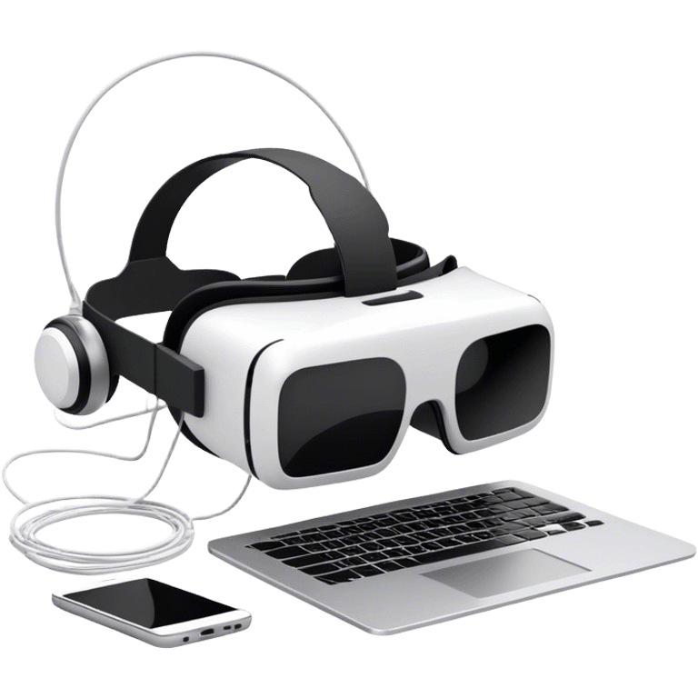 VR headset lying next to a laptop, connected by wires. On the laptop screen a VR/AR modeling program is opened. Floating 3D models or virtual objects. Modern, tech-inspired colors. No emojis or smiley faces. Transparent background. emoji