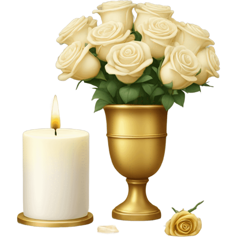 golden candle next to a golden vase with white roses emoji