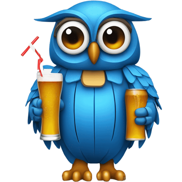 Blue owl wearing a helmet that has drinking straws on the sides to hold beer emoji