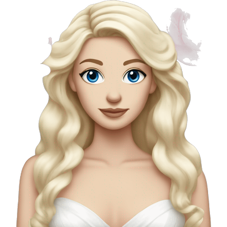 White bride with long light blonde hair and blue eyes with light pink peonies in hair white skin  emoji