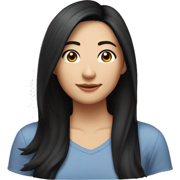 A head and shoulders shot of a 32 year old Asian woman, with long black hair,   with brown eyes wearing a t-shirt. emoji