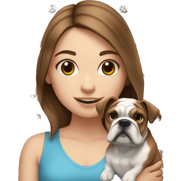 White girl with brown hair holding English bulldog emoji