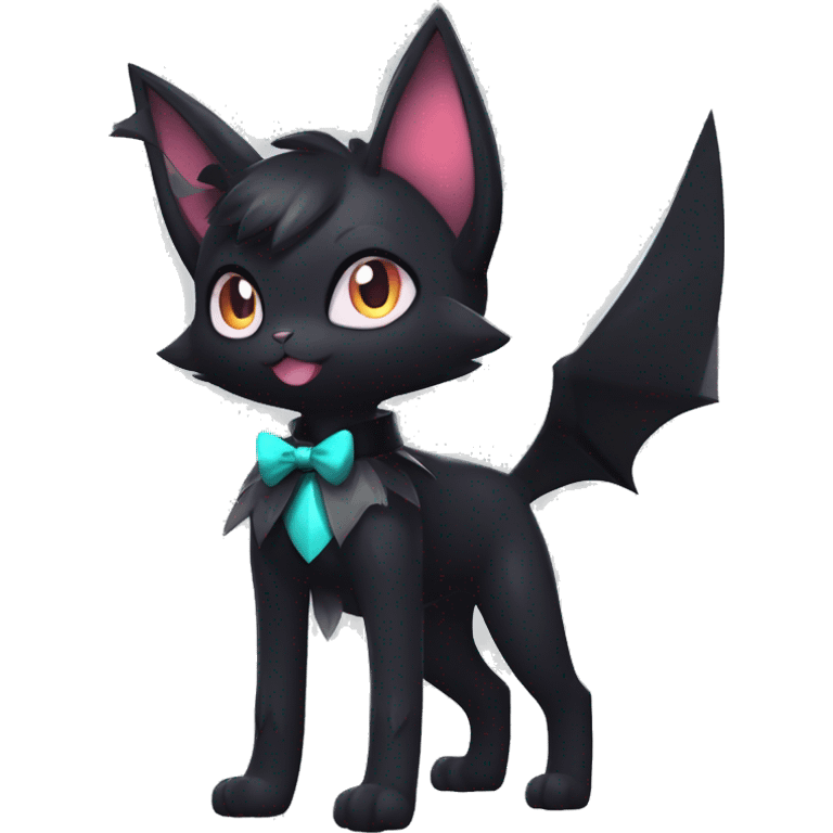 Shiny Dark Cool Edgy Black beautiful ethereal fantasy Kawaii Sona Umbreon-Noibat-Litten-Fakemon-cat-animal with edgy bat-ears bow tie black mane vtuber model Full Body emoji