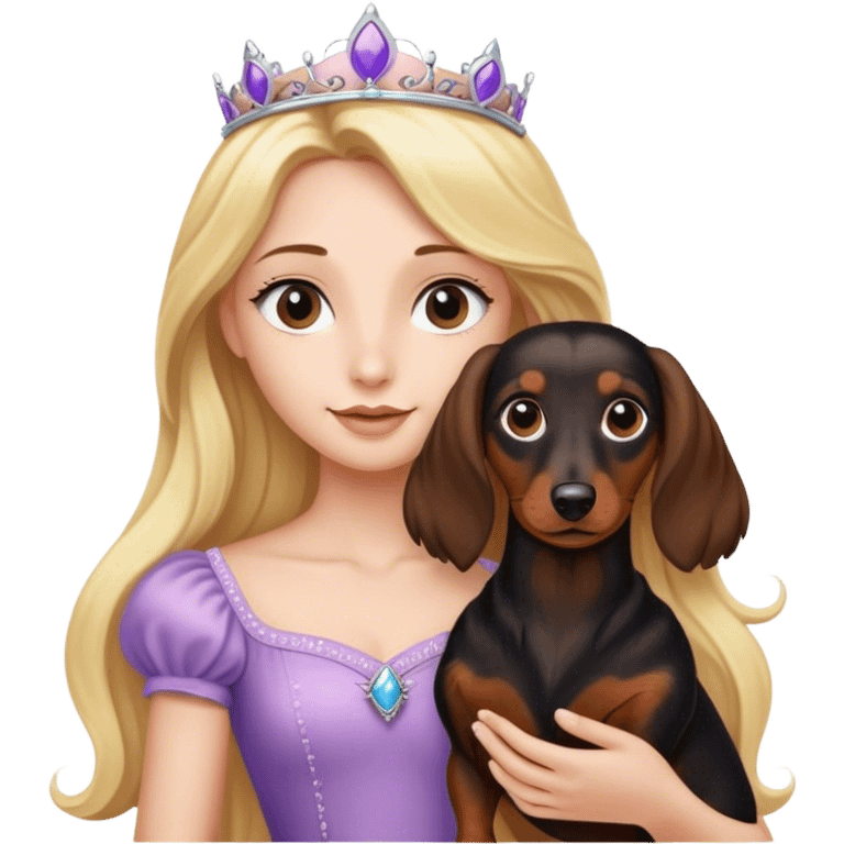 Blonde princess holding a Long haired black and brown dachshund  emoji