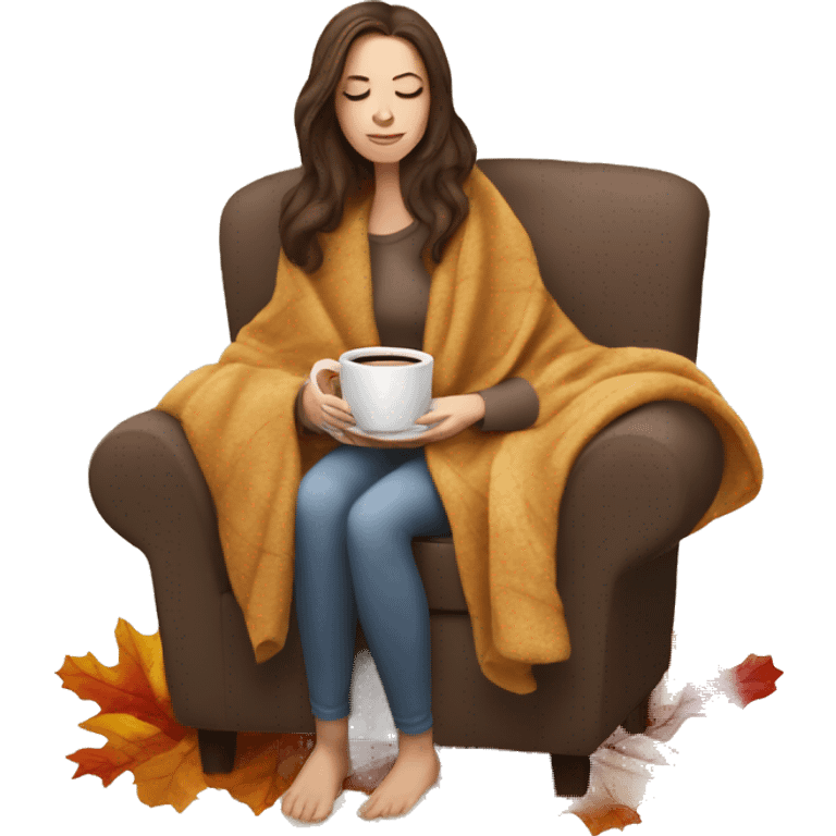 Brunette white girl covered in blanket autumn vibe sitting on a cozy chair holding coffee eyes closed emoji