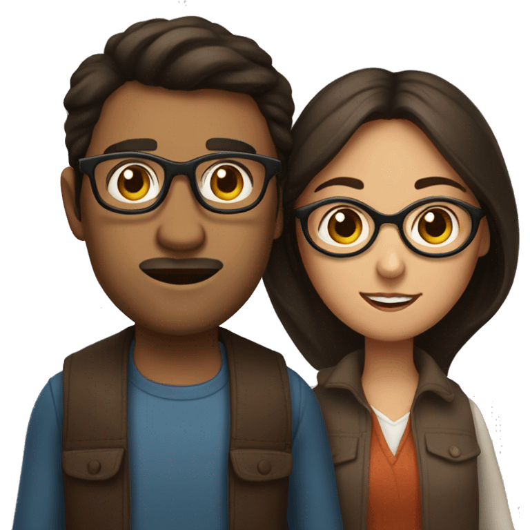 a dark-haired woman and a bespectacled brown-haired man holding her emoji