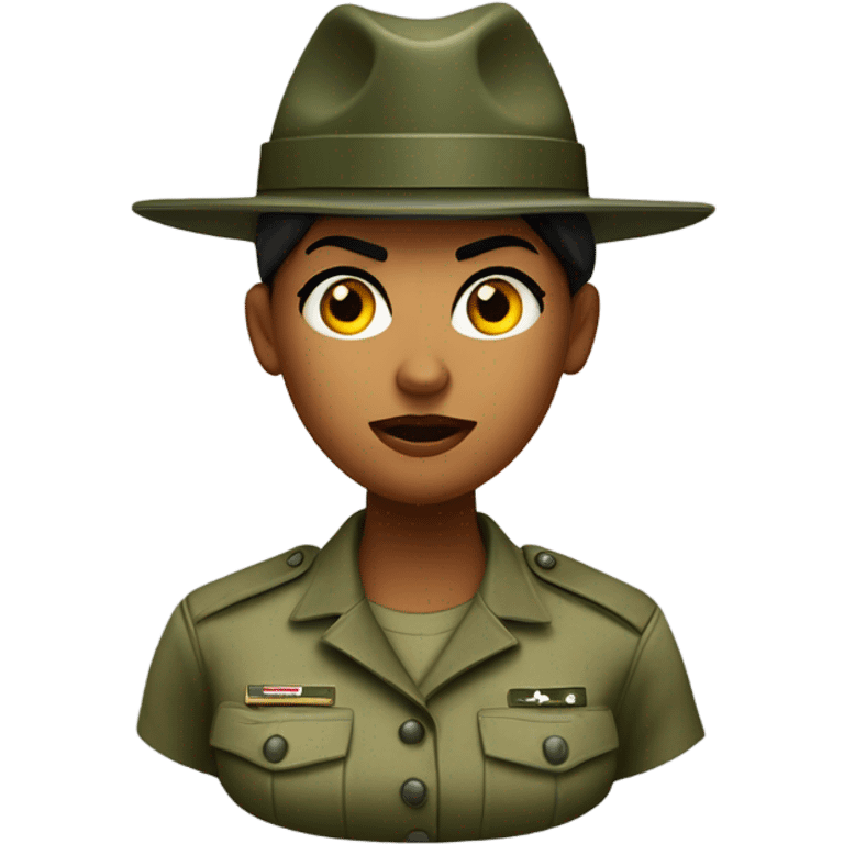 a female drill sergeant character wearing a classic sergeant hat and a camouflage army shirt. The character should have an angry intense expression. full torso emoji