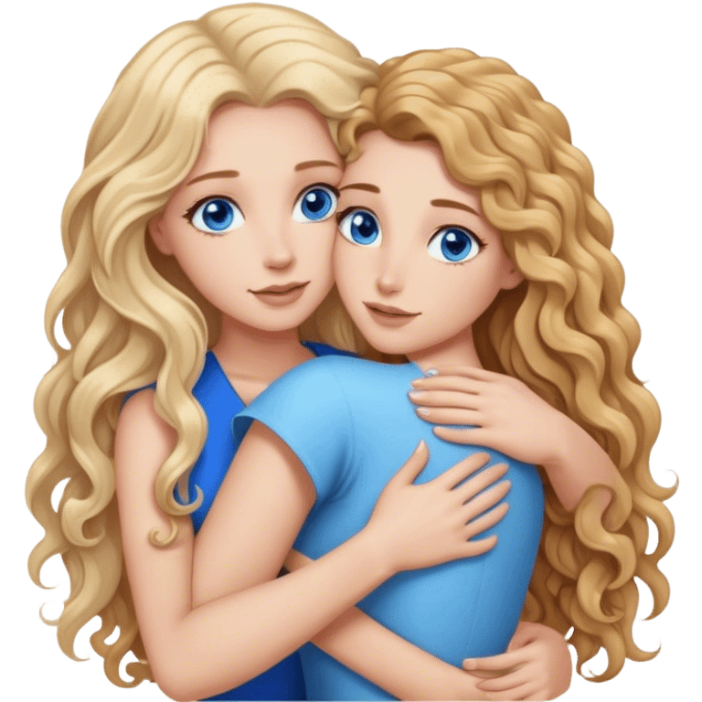 beautiful woman with long curly blonde hair and blue eyes, hugging beautiful woman with long straight brown hair emoji