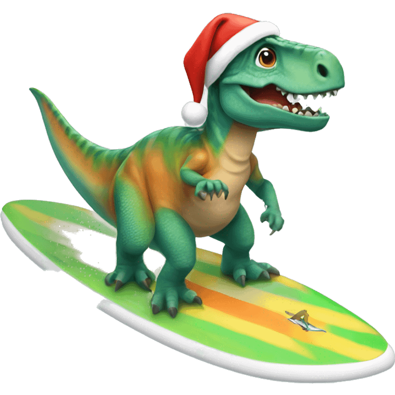 Dinosaur with Santa hat riding a surfboard emoji